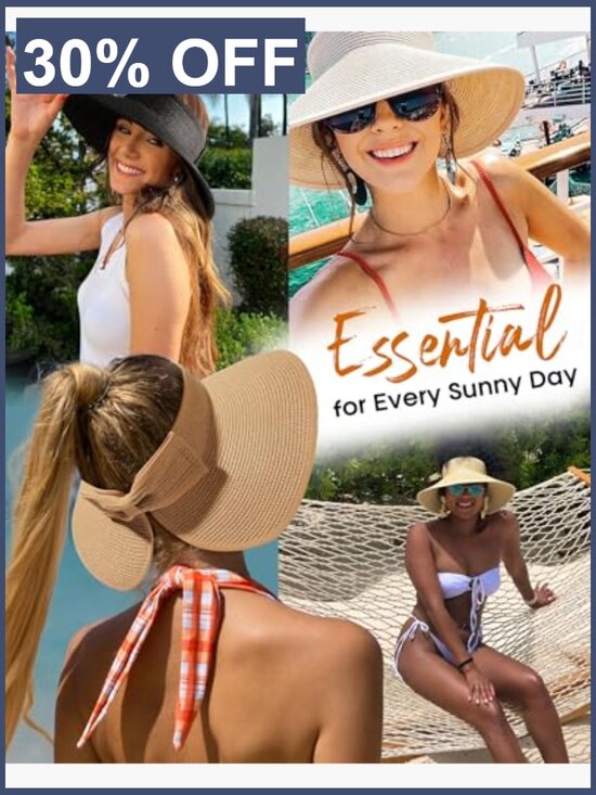 UPF 80+ Sun Visor Straw Hat for Women, Packable Beach Hat with Ponytail Hole main image 5